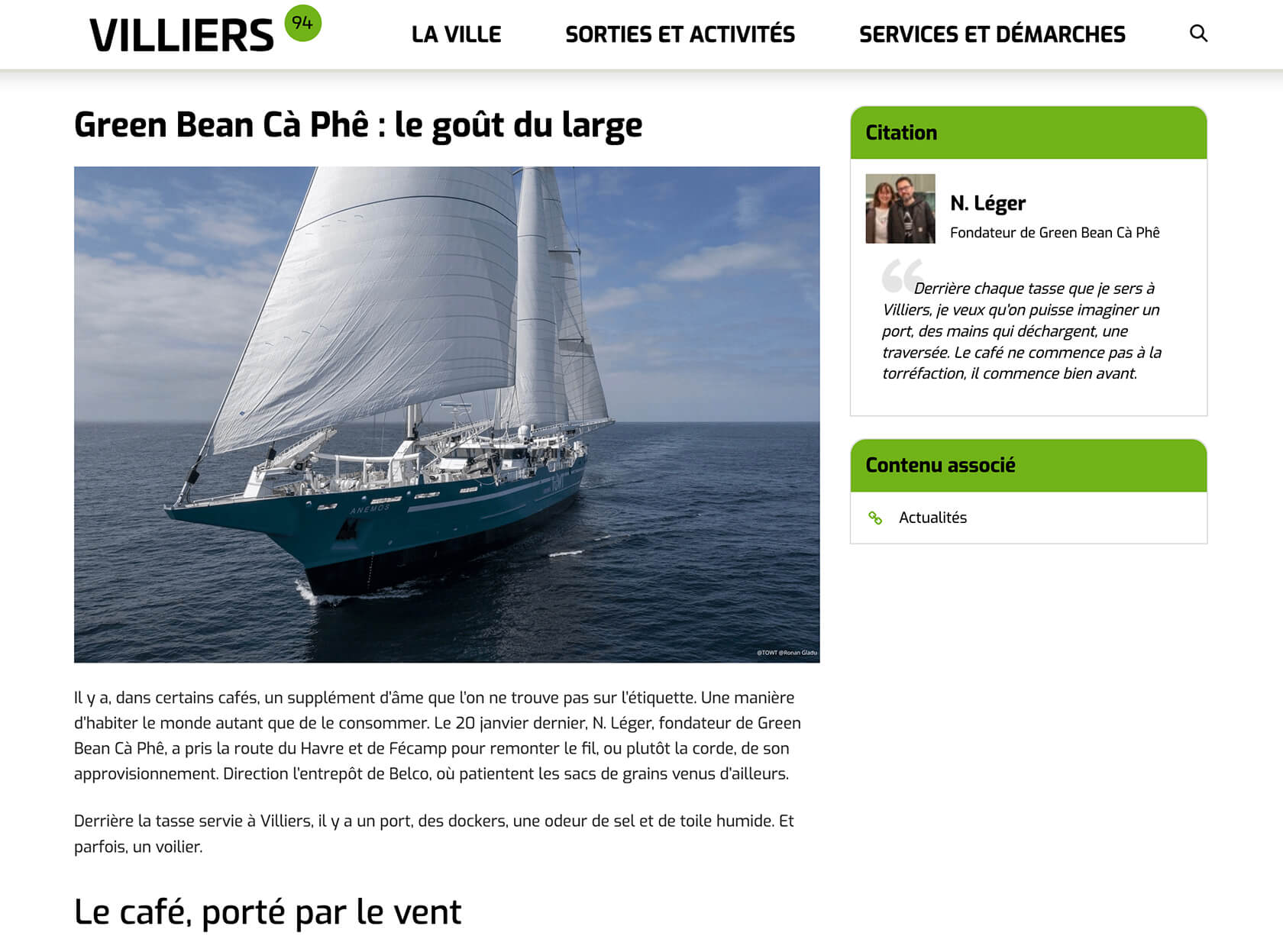 Article de la ville de Villiers-sur-Marne sur le transport du café à la voile dans les sélections de café de Green Bean Cà Phê